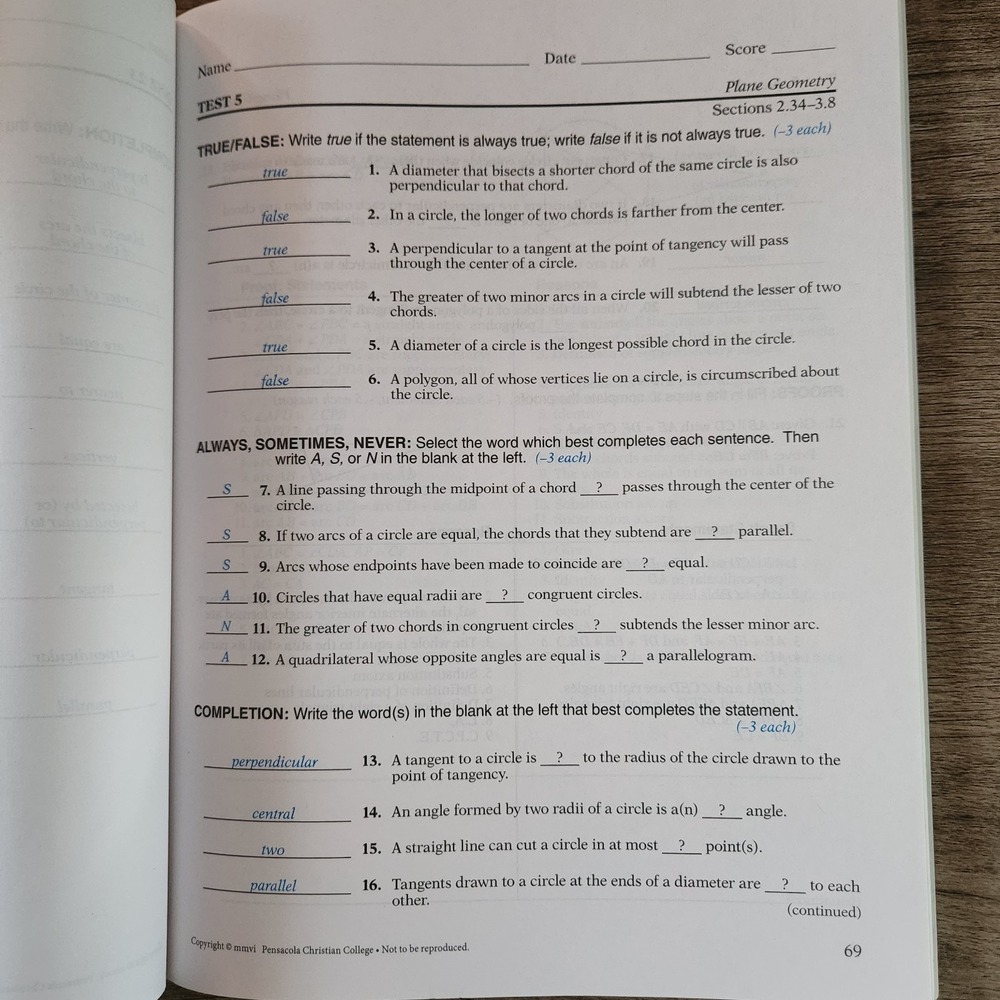 Abeka Plane Geometry Test and Quiz Key Teacher Answer Guide High School Math - Picture 6 of 6